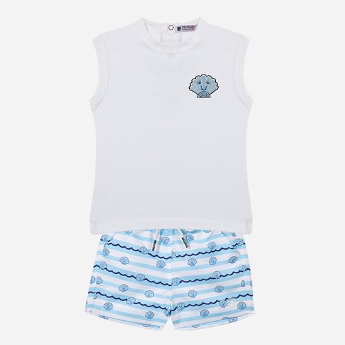 Conjunto Bebê Masculina Praia com Regata Estampada Conchas - BRANCO