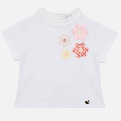 Camiseta Bebê Feminina Malha com Bordado Flores - OFF WHITE