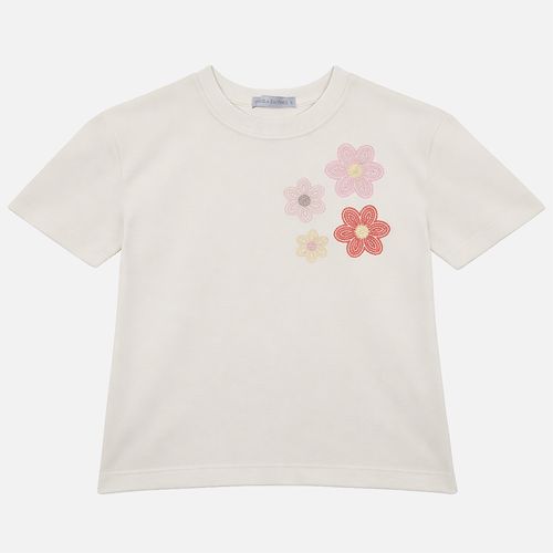Camiseta Infantil Feminina Malha com Bordado Flores - OFF WHITE