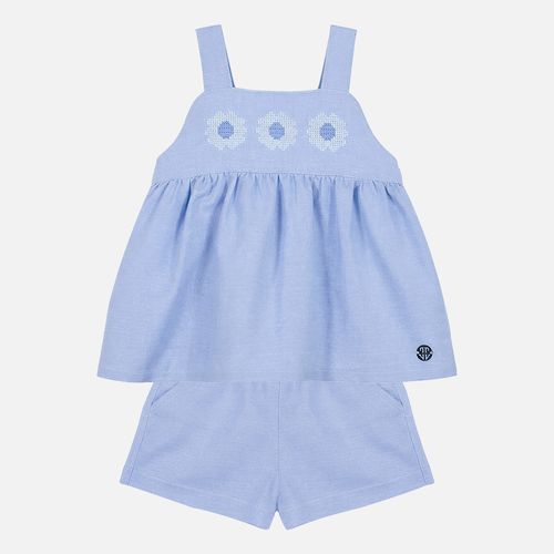 Conjunto Bebê Feminino Linen Fresh com Bordado Flores - AZUL