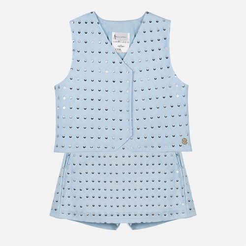 Conjunto Infantil Feminino Linho Bordado Paetê com Shorts - AZUL BEBE