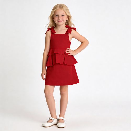 Vestido Infantil Feminino Puro Linho com Peplum - VERMELHO
