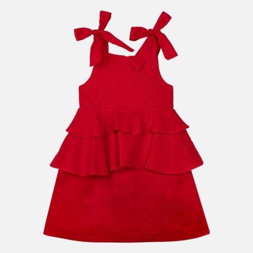 Vestido Infantil Feminino Puro Linho com Peplum - VERMELHO