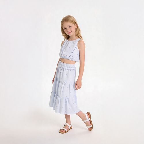Conjunto Infantil Feminino Anarruga Saia Bordado Coração - AZUL BEBE