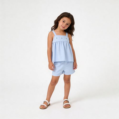 Conjunto Infantil Feminino Linen Fresh com Bordado Flores - AZUL