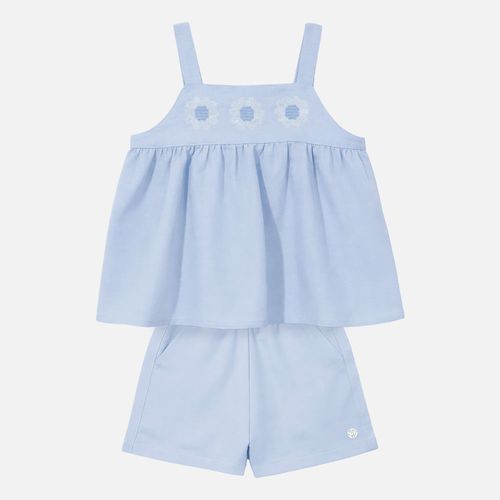 Conjunto Infantil Feminino Linen Fresh com Bordado Flores - AZUL