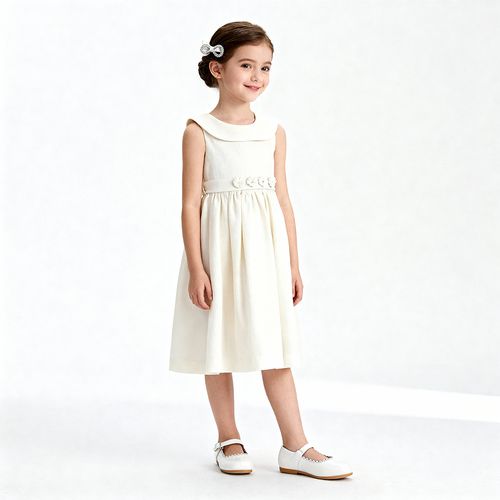 Vestido Infantil Feminino Puro Linho com Flores - OFF WHITE