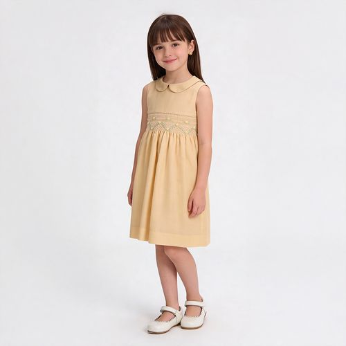 Vestido Infantil Feminino Puro Linho Smock - AMARELO