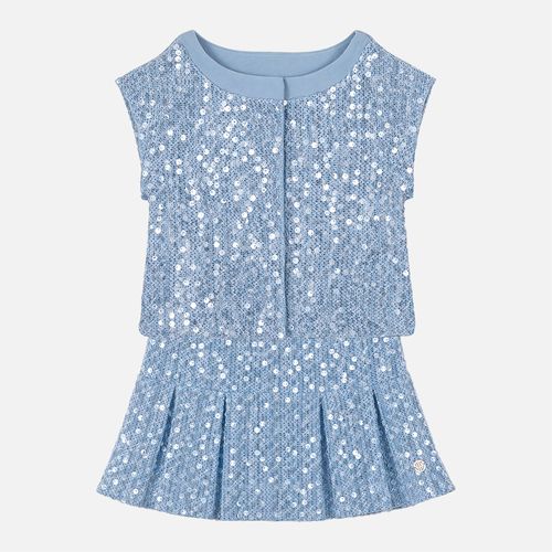 Conjunto Infantil Feminino Crochê Paetê com Saia Pregas - AZUL