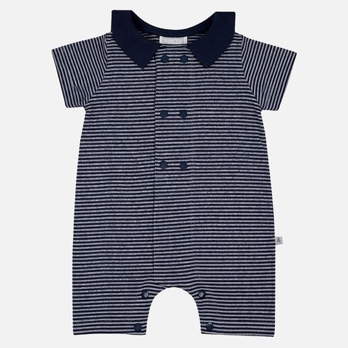 Macacão Curto Bebê Masculina Malha Listrada Botão Duplo - AZUL MARINHO