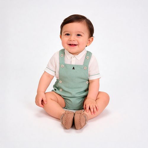 Conjunto Bebê Masculino em Puro Linho com Jardineira - VERDE