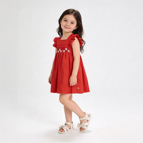 Vestido Bebê Feminino Puro Linho com Ponto Smock - VERMELHO