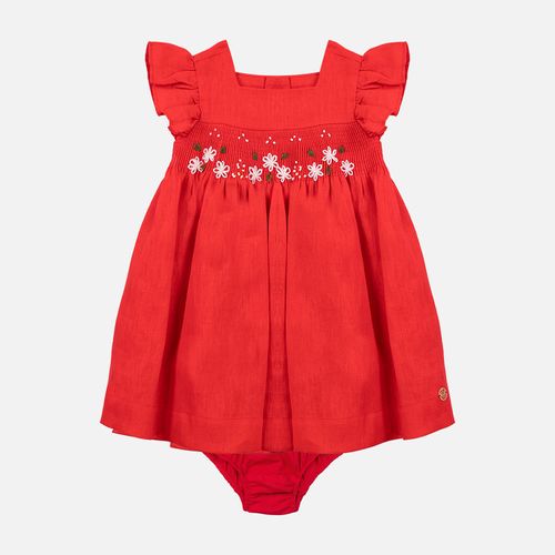Vestido Bebê Feminino Puro Linho com Ponto Smock - VERMELHO