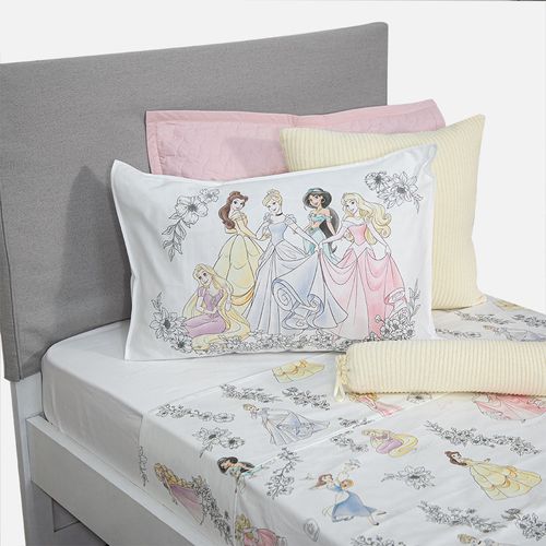 Jogo de Cama Solteiro Feminino 400 Fios Princesas Disney - BRANCO