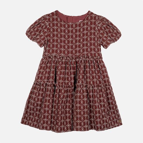 Vestido Infantil Feminino Crepe Bordado Flores - CHOCOLATE