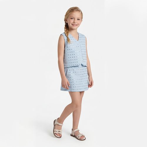 Conjunto Infantil Feminino Linho Bordado Paetê com Shorts - AZUL BEBE