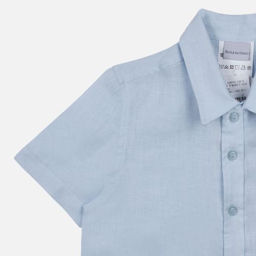 Camisa Infantil Masculina Puro Linho Manga Curta com Bolso - AZUL BEBE