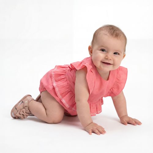 Romper Bebê Feminino Puro Linho com Babados - ROSA