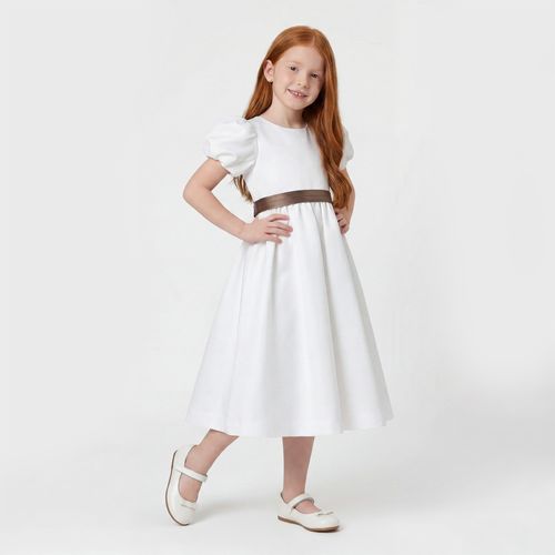 Vestido Infantil Feminino Tafetá Fashion com Faixa - OFF WHITE